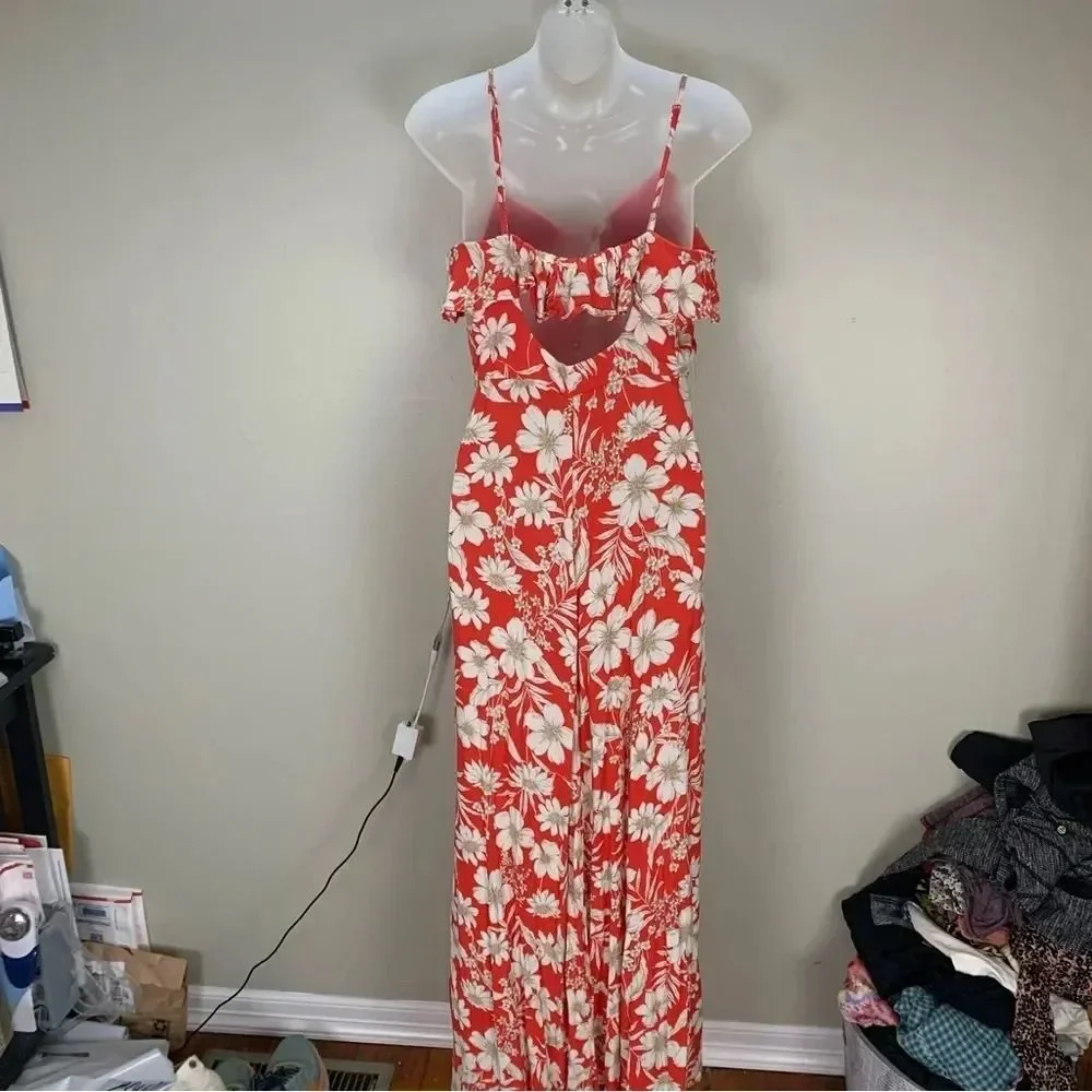 Floral Red Cream Button front ruffle Detail Long Dress with Slit Medium Boho - Picture 5 of 7